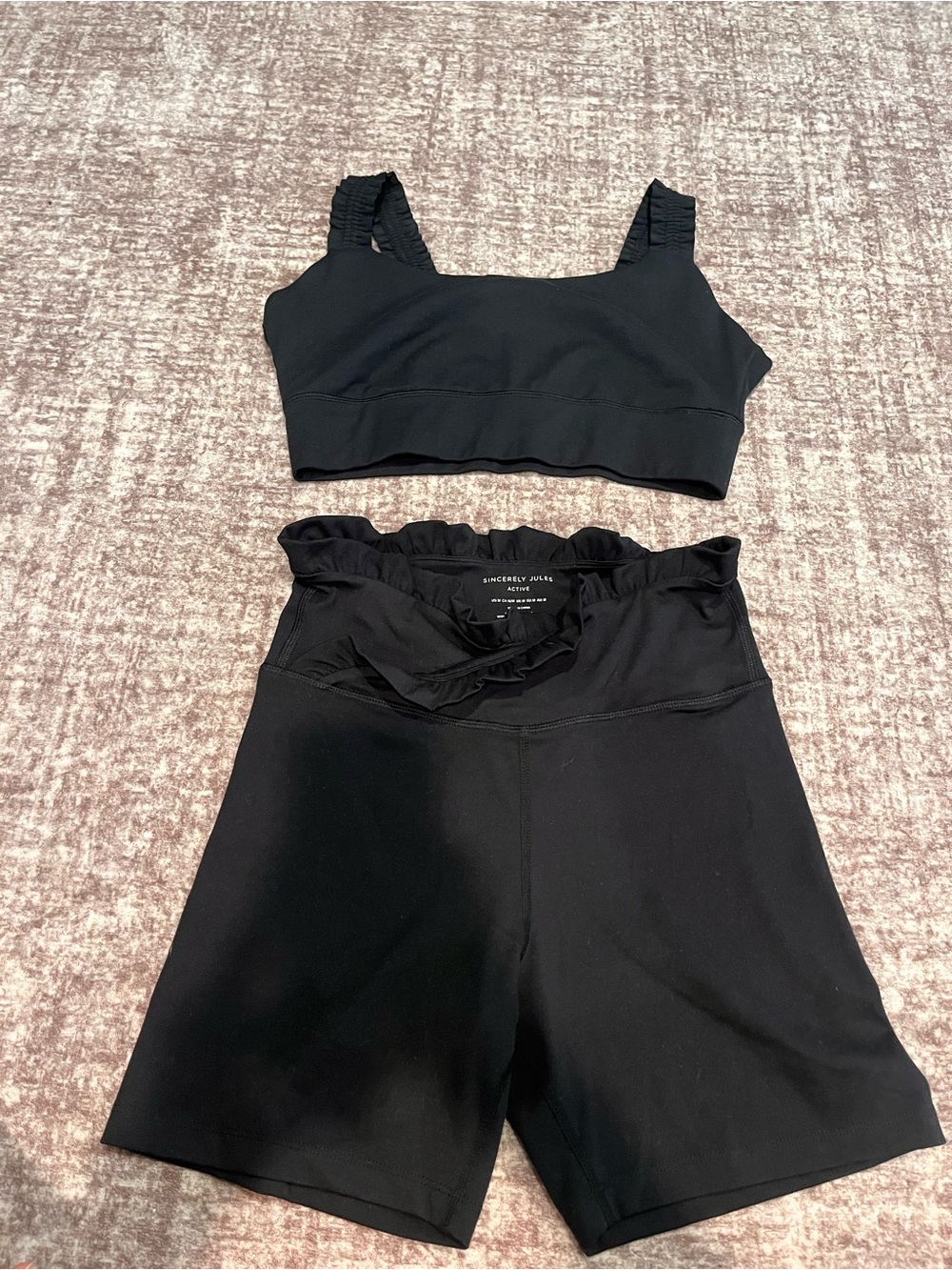 Sincerely Jules Active Black Ruffle-Trim Sports Bra & Biker Shorts